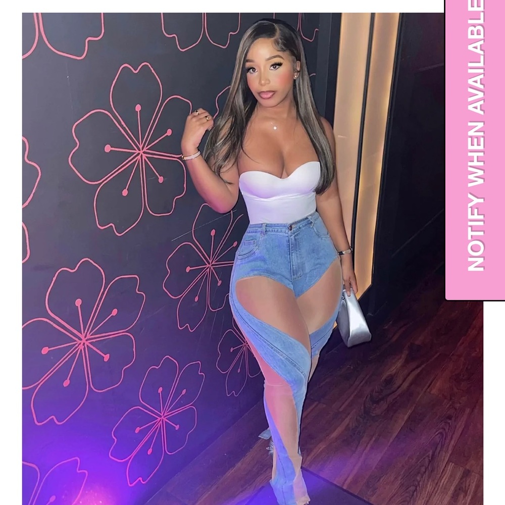 Denim mesh jeans, see through.